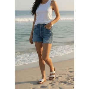 Level 99 Distressed Denim Jean Shorts Button Fly Aviator Wash Stretch Size 27